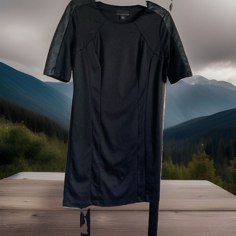 Attention Women’s Medium Black Stretch Dress Faux Leather Sleeves Good Condition